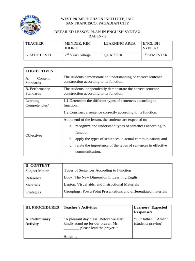 English Syntax Lesson Plan for College | PDF | Sentence (Linguistics ...