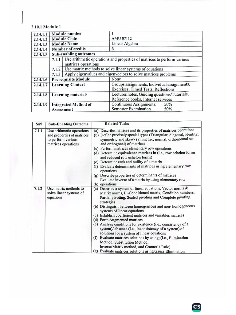 LINEAR ALGEBRA MODULE DESCRIPTION | PDF