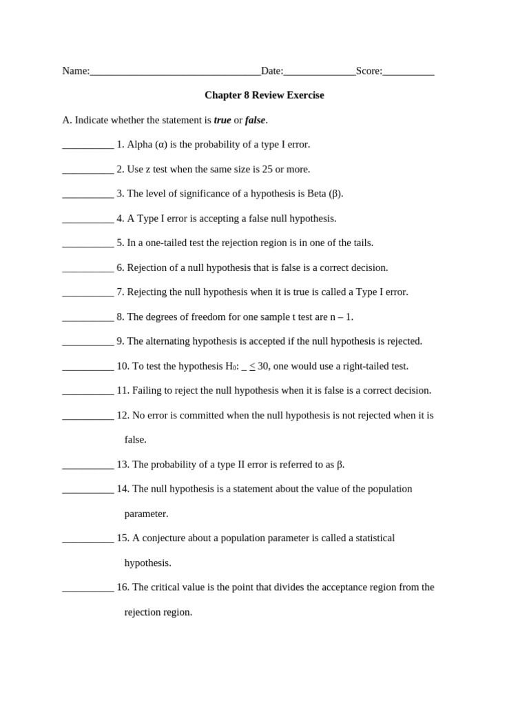 Chapter 8 Hypothesis Testing Review | PDF | Type I And Type Ii Errors ...