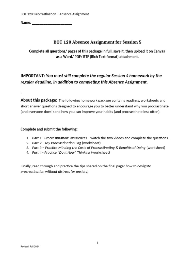 BOT 120 Procrastination - Summary and Absence Assignment | PDF ...