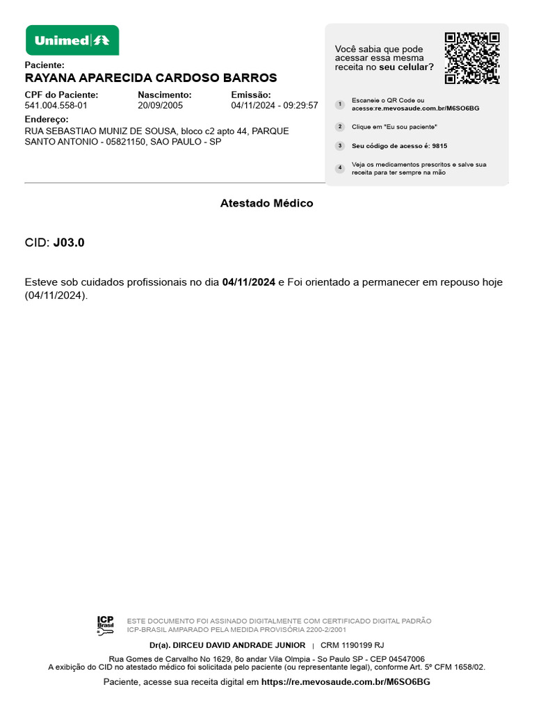 Atestado Médico CID J03.0 para Repouso | PDF
