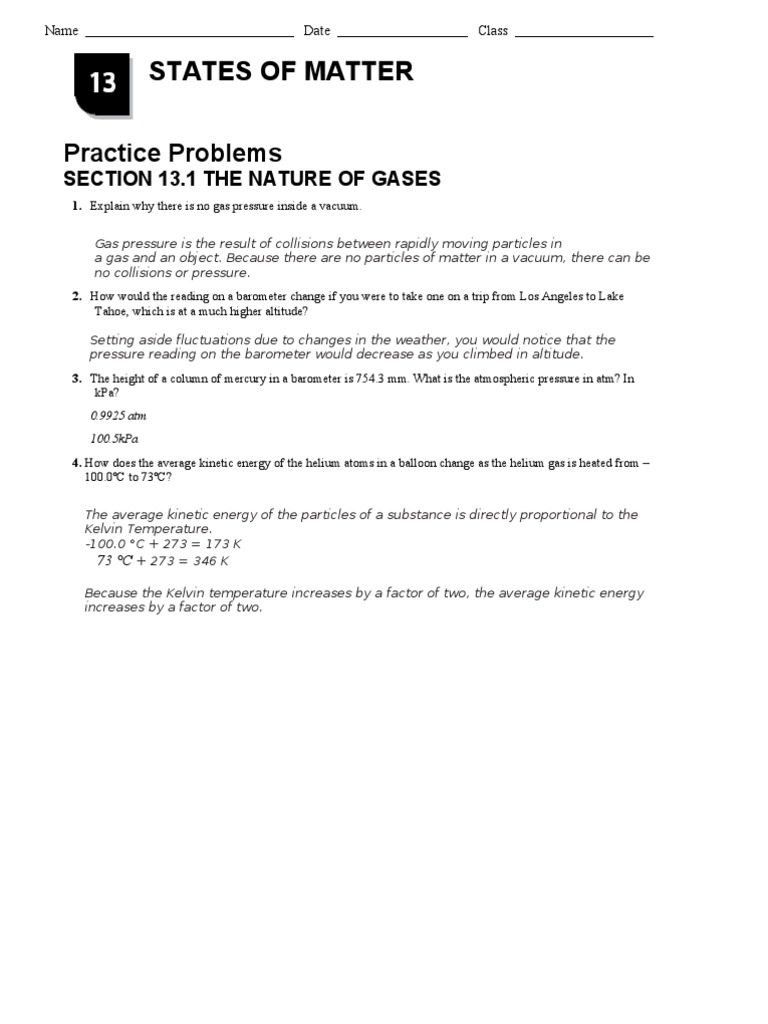 Chapter 13 1 Nature Of Gases Gases Atmospheric Pressure