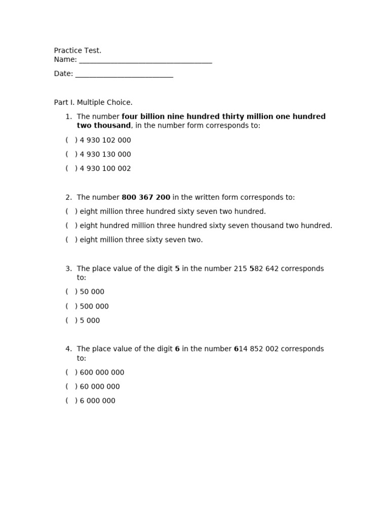 Practice Test Math | PDF | Numbers | Arithmetic