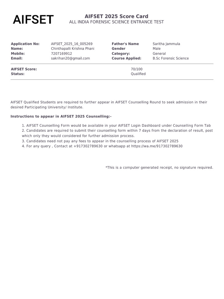 AIFSET 2025 Score Card and Counselling Guide | PDF