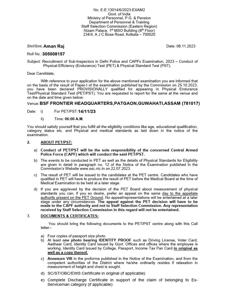 SSC Delhi Police SI PET/PST Call Letter | PDF | Identity Document ...