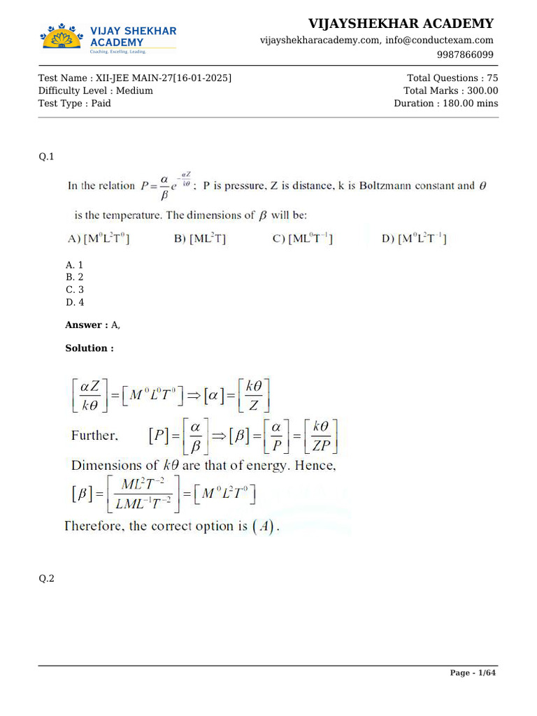 XII JEE Main Test 2025 Questions | PDF