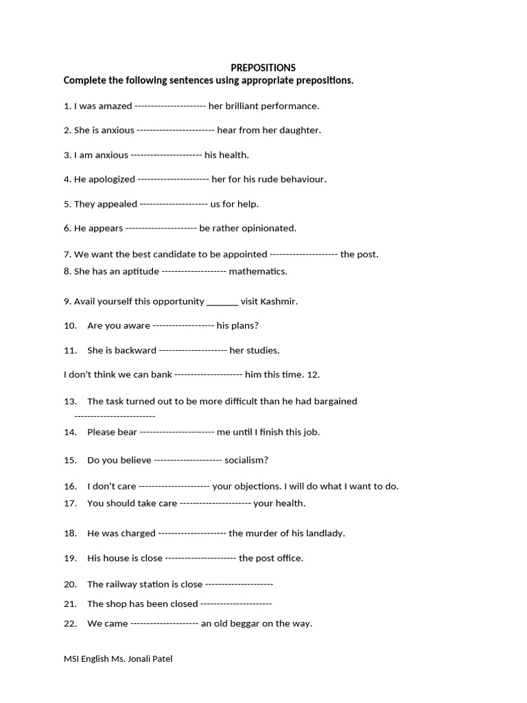 Preposition Practice for ESL Learners | PDF
