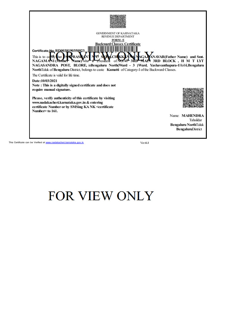 Karnataka Backward Classes Certificate | PDF