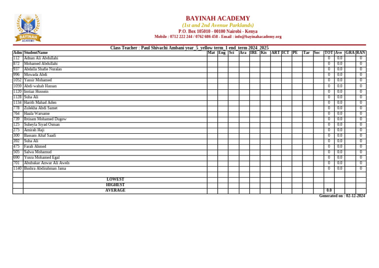 Bayinah Academy Year 5 Term 1 Results Pdf