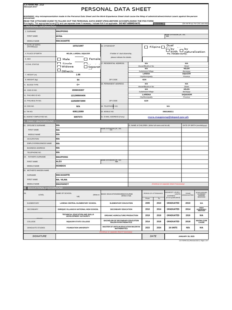 Personal Data Sheet for Myra Magpiong | PDF | Government