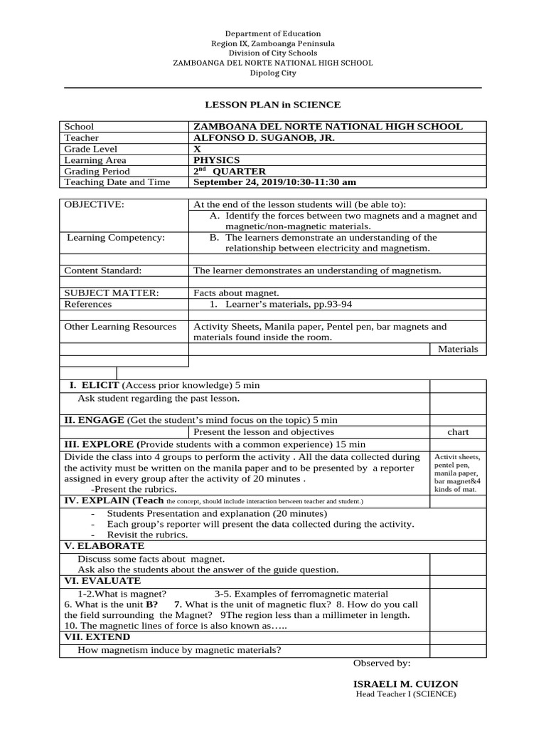 2019lesson Plan In Magnetism Pdf Magnet Magnetism