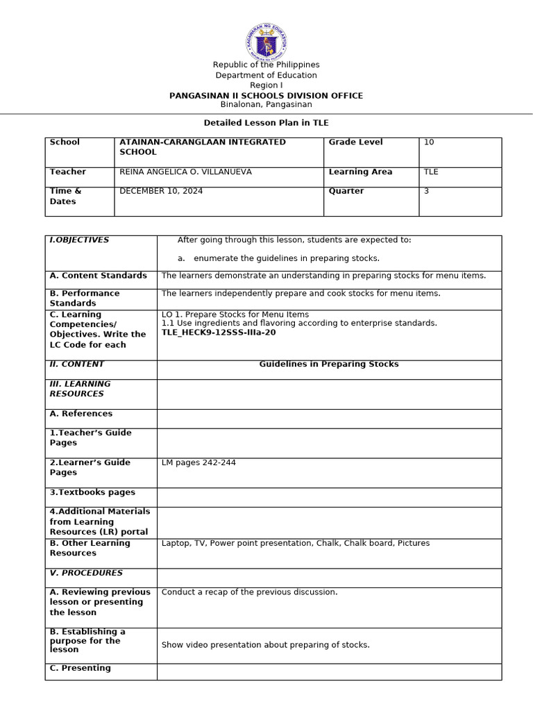 TLE Lesson Plan: Preparing Stocks | PDF | Stock (Food) | Beef