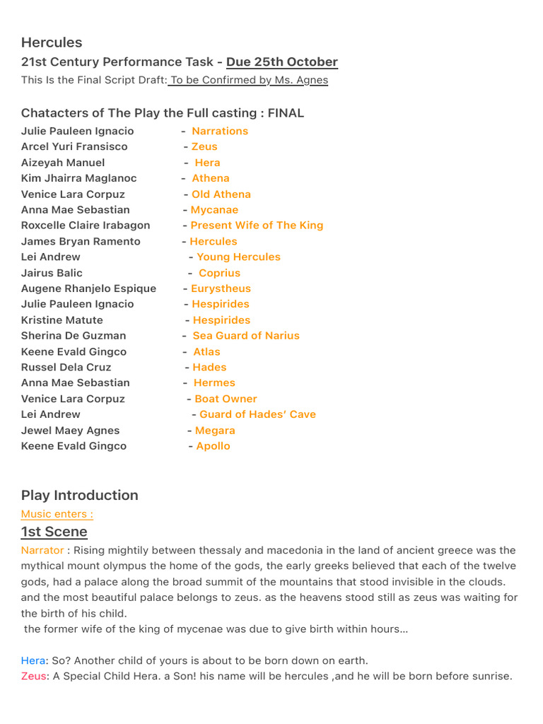 Hercules Play Script and Cast List | PDF | Hera | Zeus