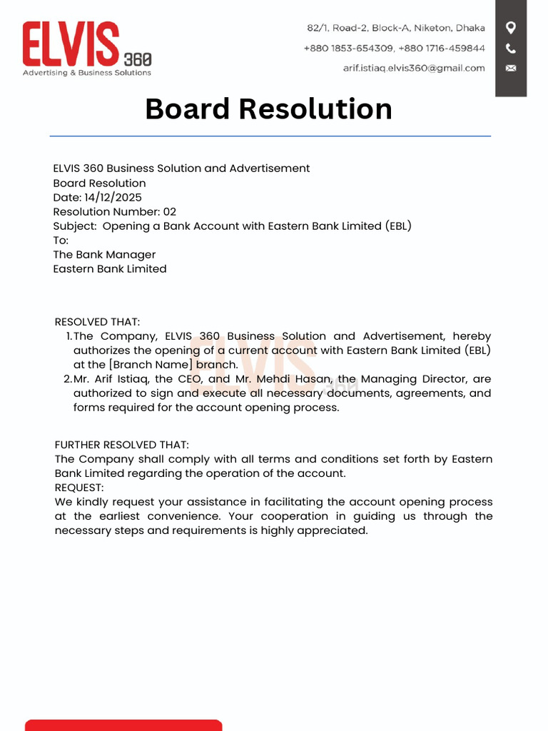 ELVIS 360 Bank Account Opening Resolution | PDF