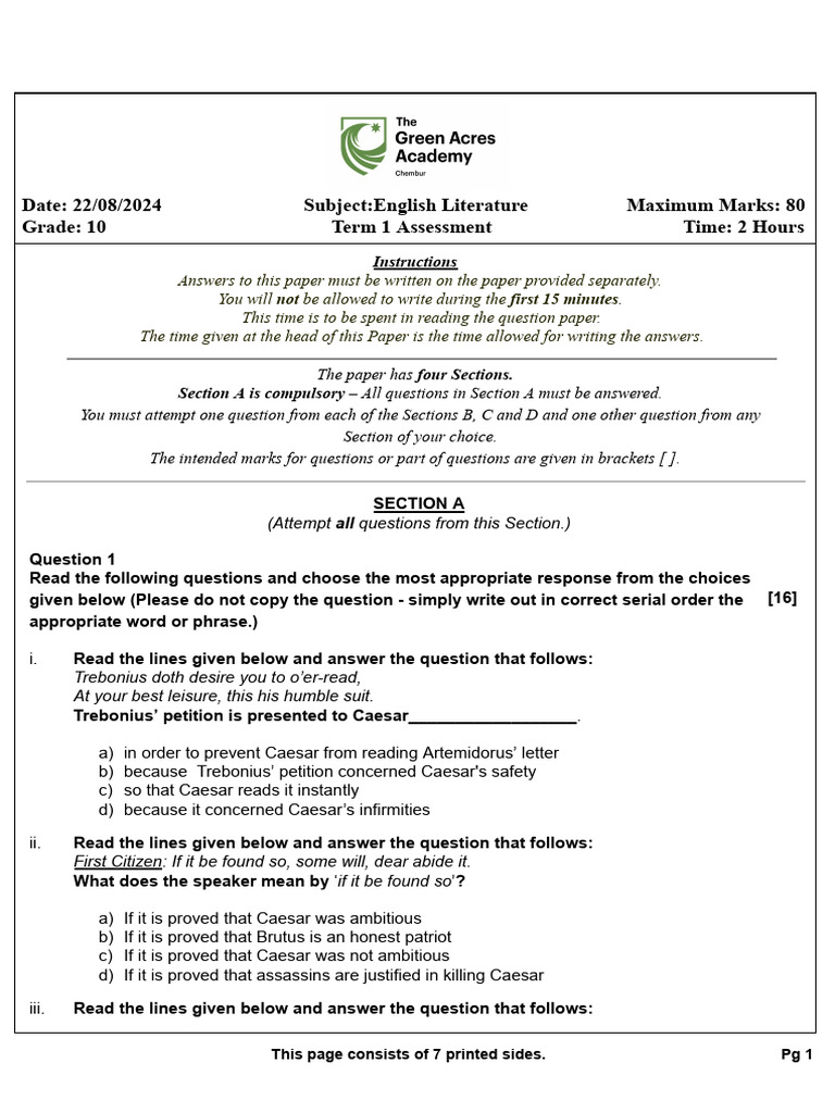 Grade 10 English Literature Term 1 Exam | PDF | Julius Caesar | Mark Antony