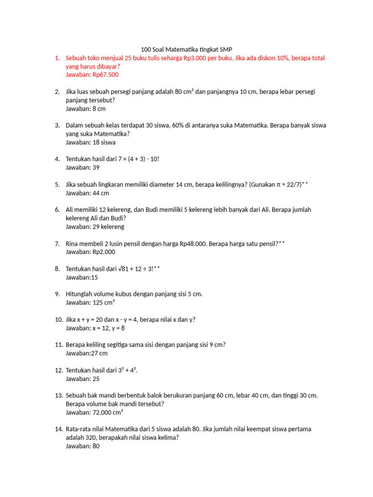 100 Soal Matematika SMP dan Jawabannya | PDF