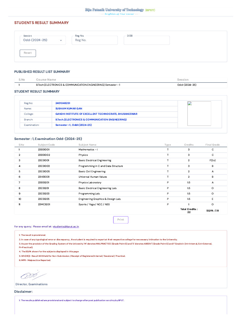 B.Tech Odd Semester 1 Result Summary | PDF | Engineering