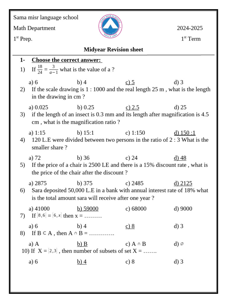 Midyear Math Revision Sheet 2024-2025 | PDF | Mathematics | Geometry