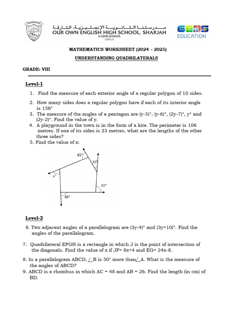 Grade 8 Quadrilaterals Worksheet 2024-2025 | PDF