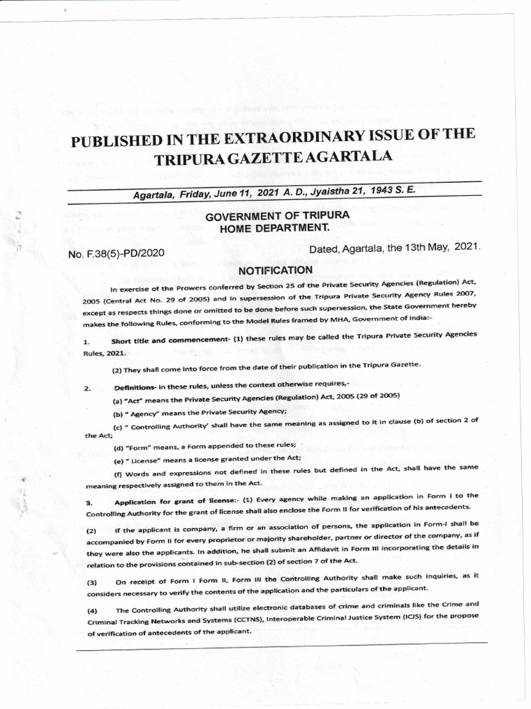 Tripura Private Security Agency Rules 2021 | PDF | License | Security Guard