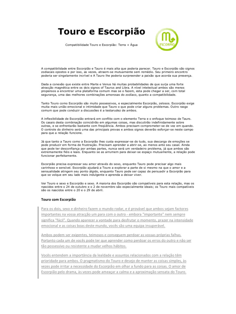 Compatibilidade Amorosa: Touro e Escorpião | PDF | Zodíaco | Paixão ...