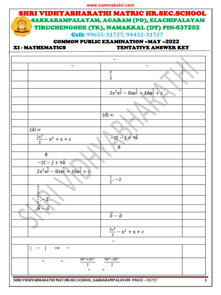 May 2022 XI Mathematics Answer Key | PDF | Mathematics