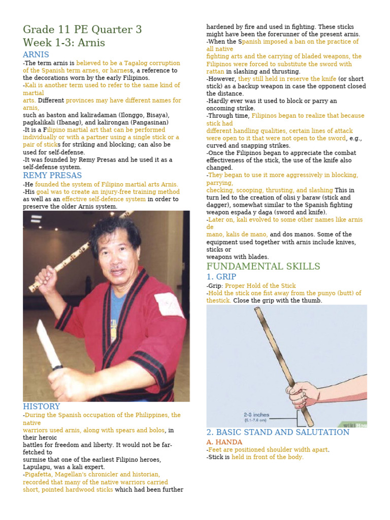 Grade 11 PE: Arnis Martial Arts Guide | PDF | Melee Weapons | Blade Weapons