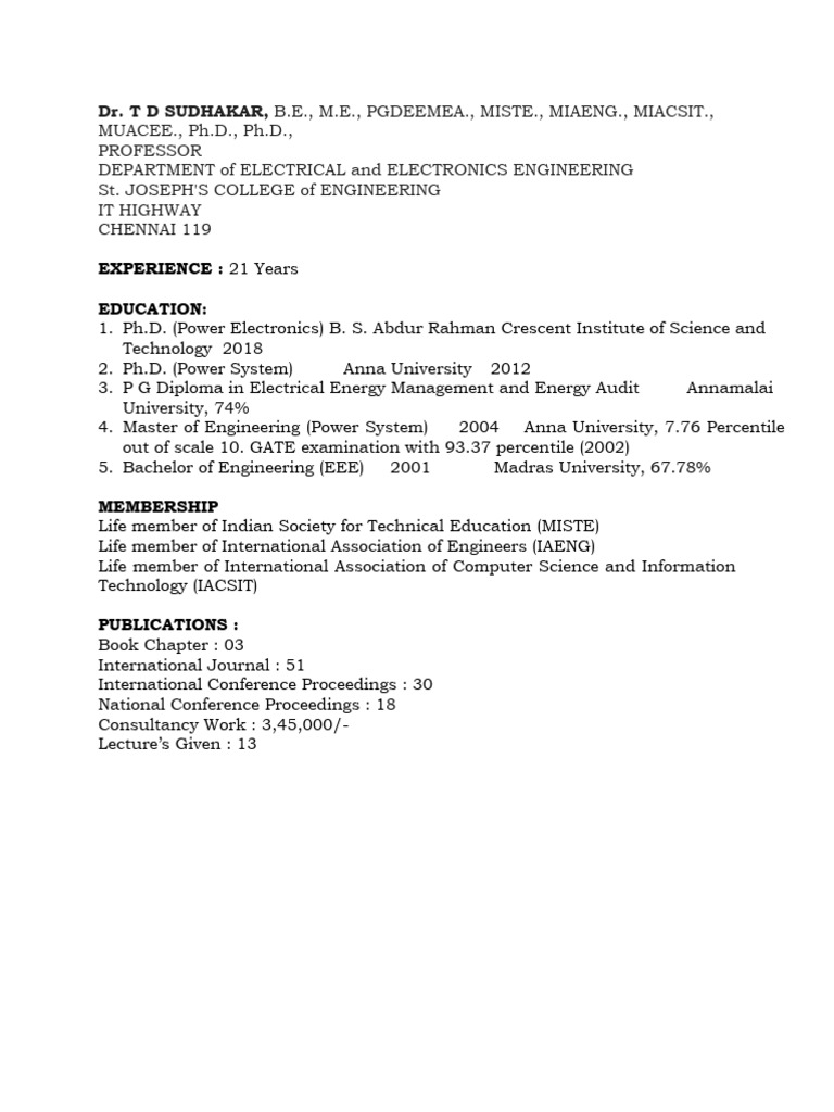 T D SUDHAKAR Resume One Page | PDF