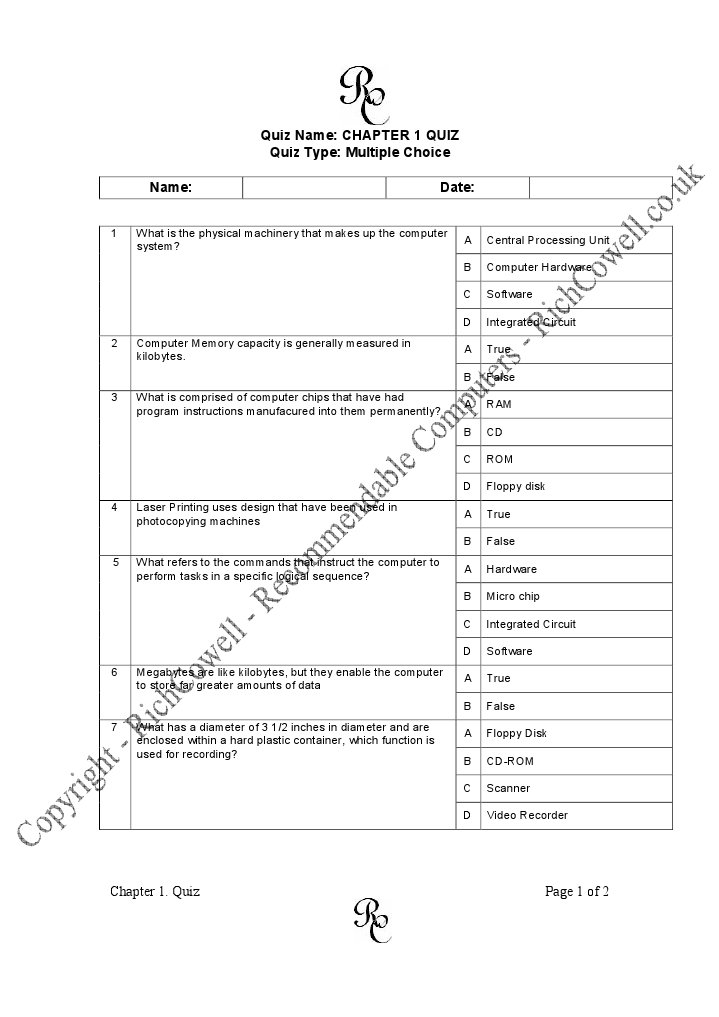 Quiz Name: Chapter 1 Quiz Quiz Type: Multiple Choice Name: Date | PDF