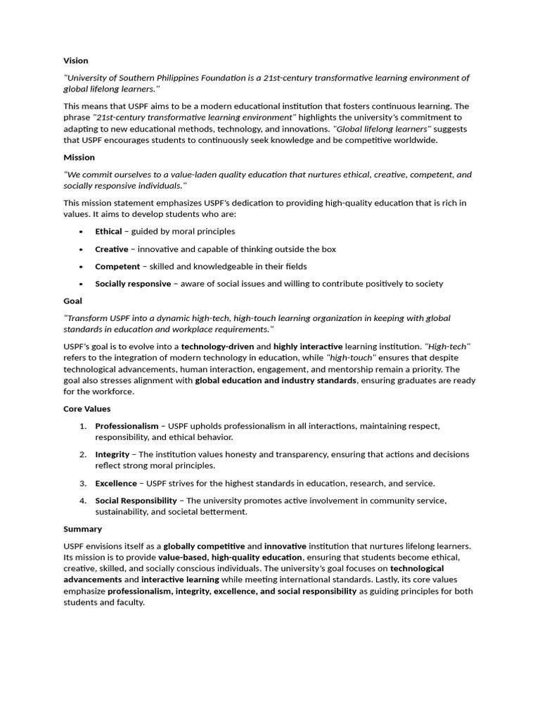 USPF Vision, Mission, and Goals Overview | PDF | Learning | Social ...