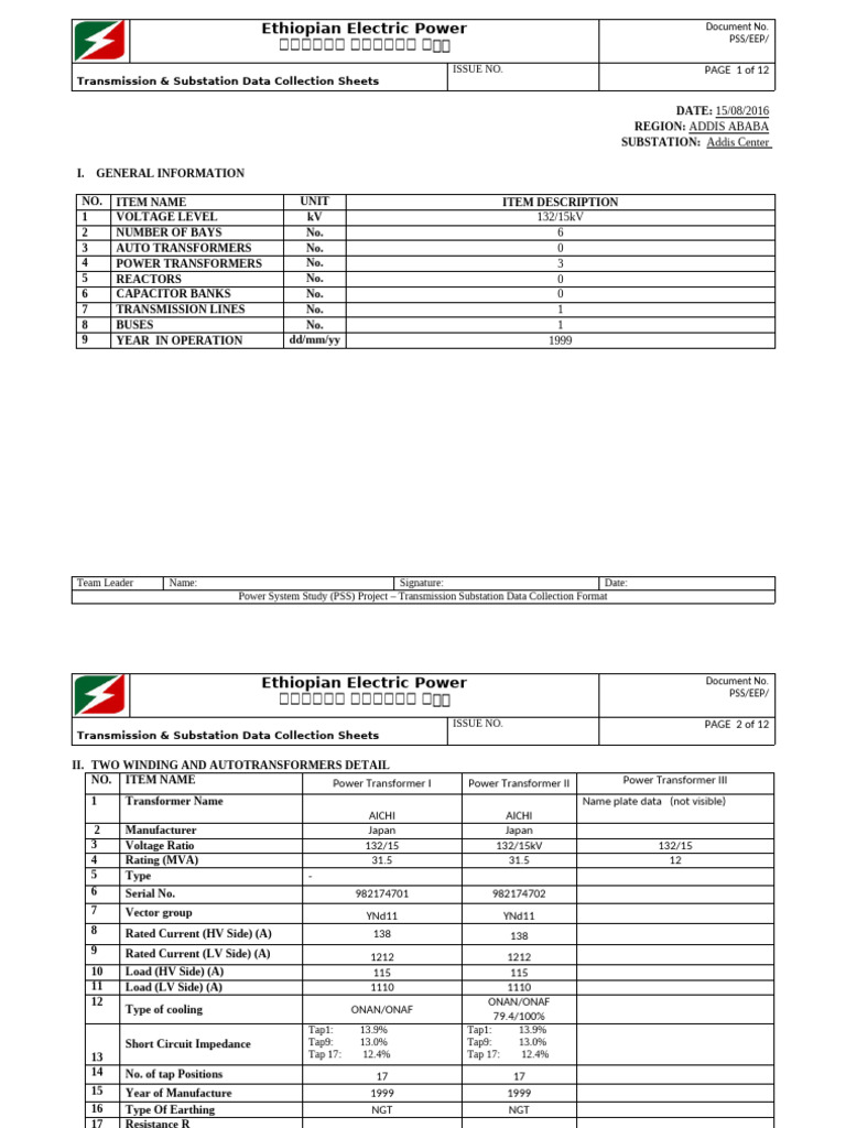 Addis Ababa Substation Data Sheet | PDF | Transformer | Electric Power ...
