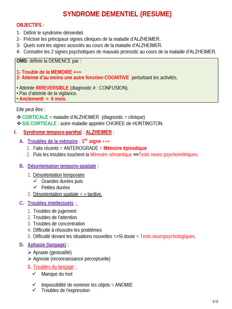 Définition et signes du syndrome démentiel | PDF | Démence | Maladie d ...