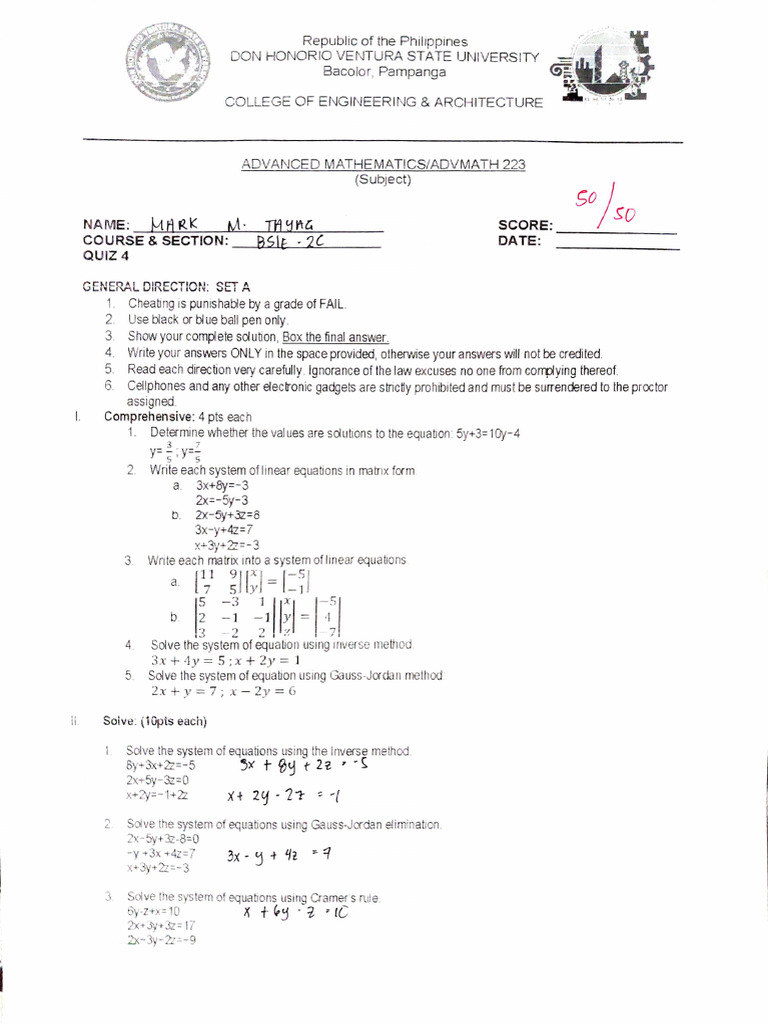 Advanced Mathematics Quiz 4 Solutions | PDF | System Of Linear ...