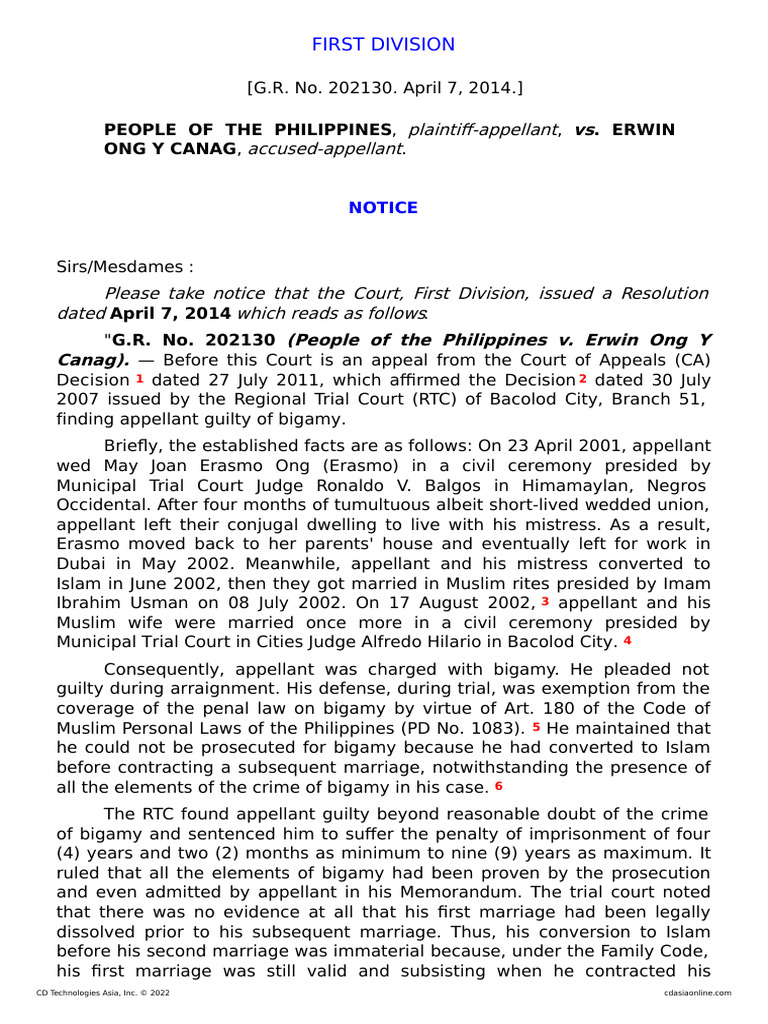 Bigamy Case: People vs. Ong Y Canag | PDF | Marriage | Sharia