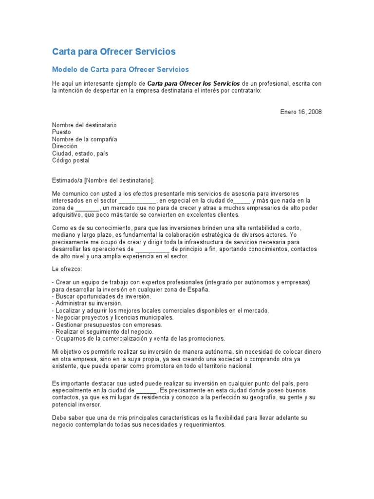 Carta para Ofrecer Servicios FORMATO HACER | PDF | Inversiones ...