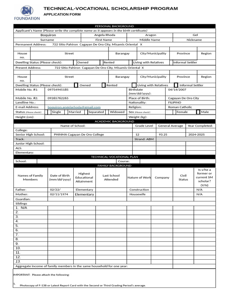Technical-Vocational Scholarship Application | PDF