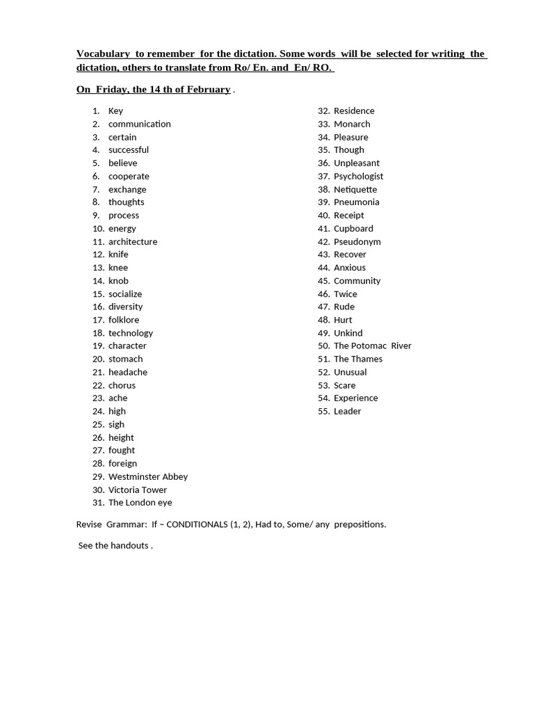 Vocabulary to remember for the dictation pdf