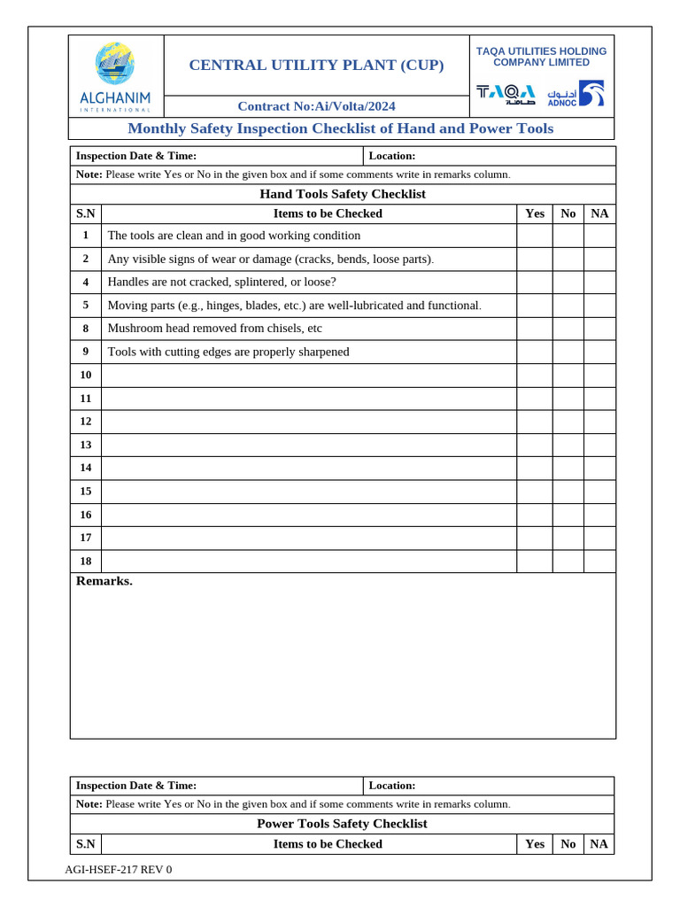 Monthly Safety Inspection Checklist for Tools | PDF | Manufactured ...