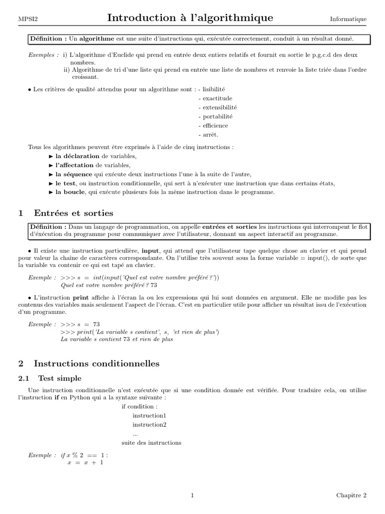 Introduction à l'algorithmique Python | PDF | Structure de contrôle ...