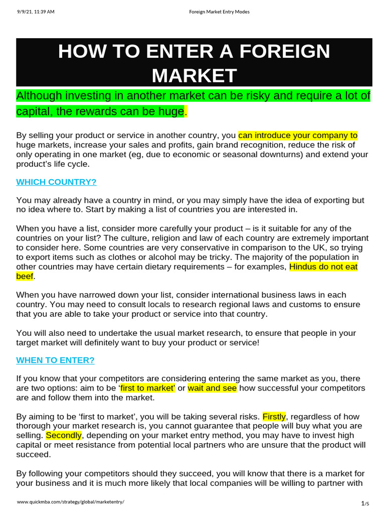 Foreign Market Entry Strategies Guide | PDF | Franchising | License
