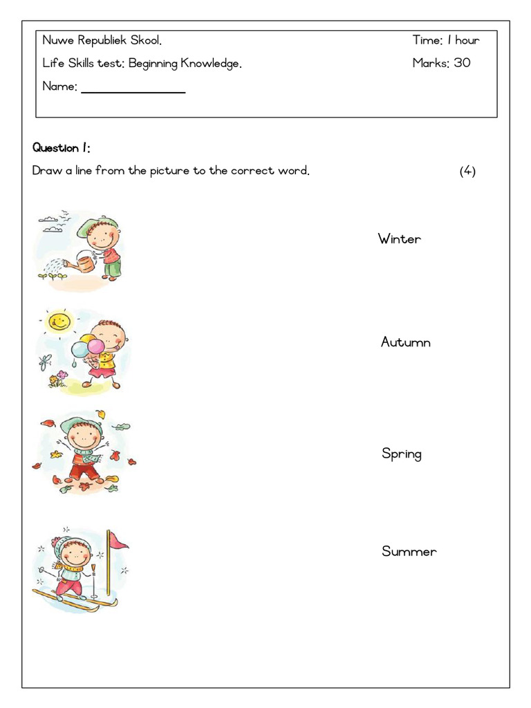 Life Skills Test: Seasons and Farm Animals | PDF