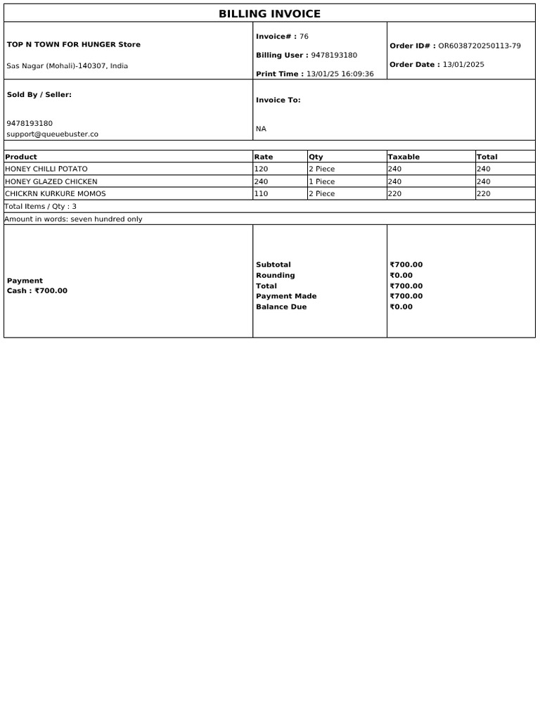 Billing Invoice for Top N Town Order | PDF