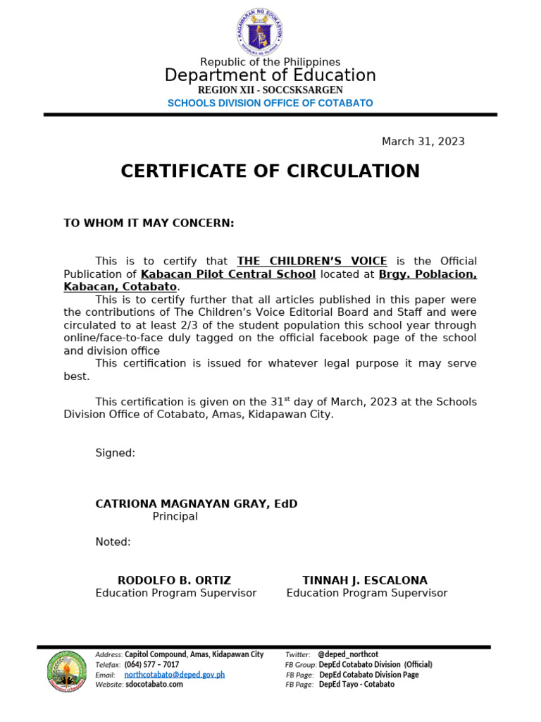 Certificate of Circulation for The Children’s Voice | PDF