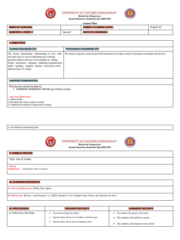 Lesson Plan in English 1 | PDF | Teachers | Learning