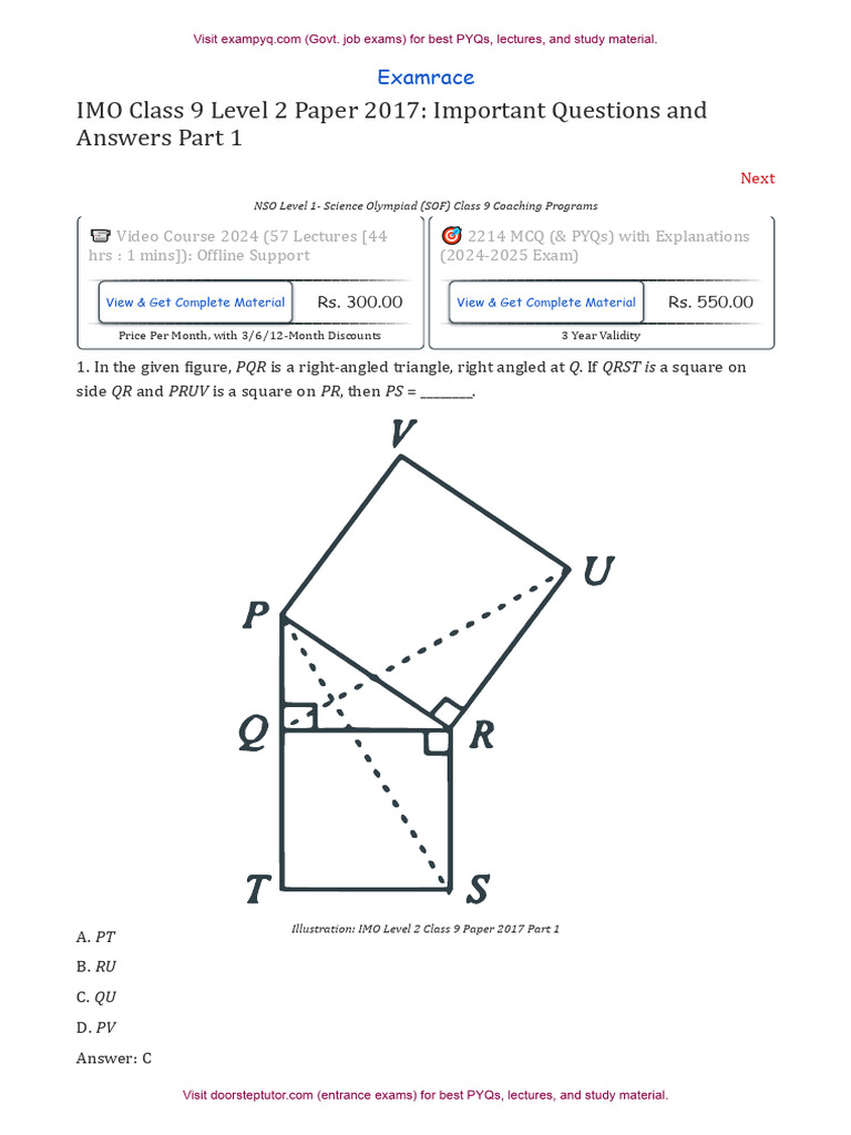 IMO Level 2 Class 9 Paper 2017 Part 1 | PDF | Elementary Geometry
