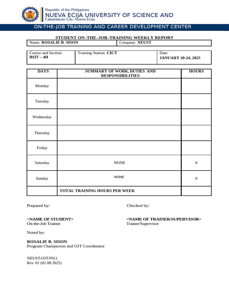 NEUST OJT Weekly Report: BSIT 4H | PDF