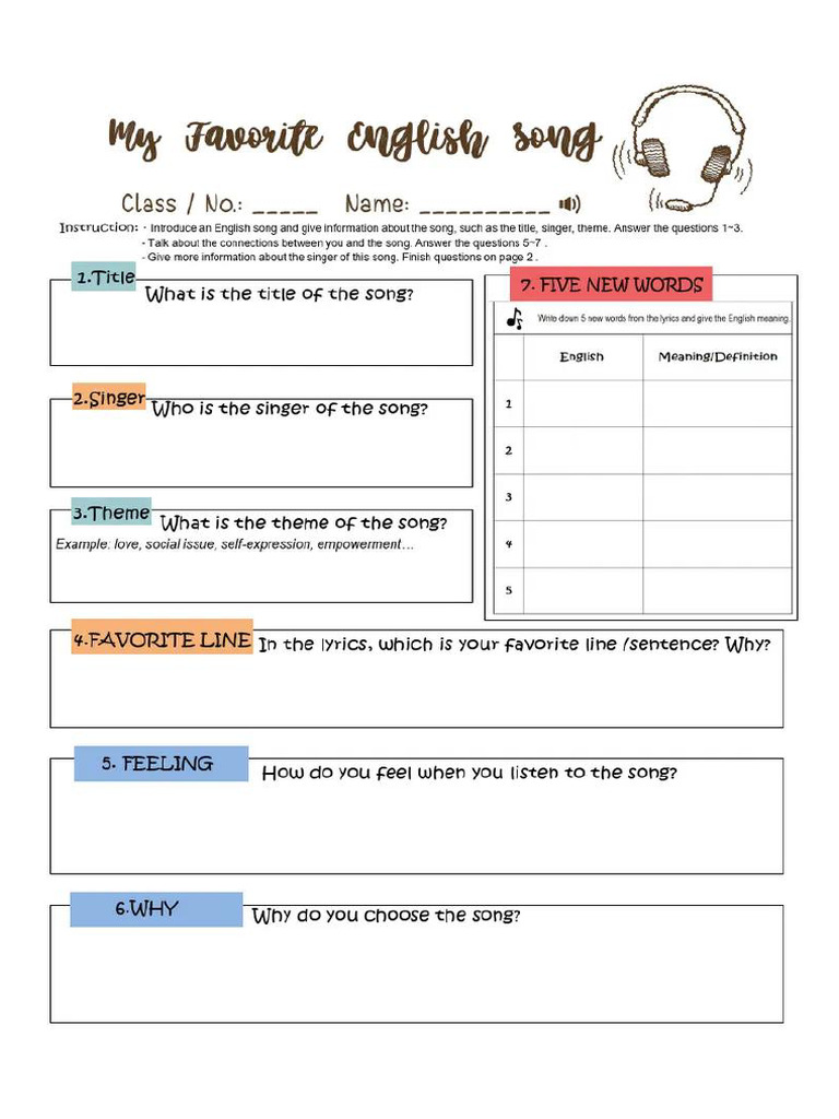My Favorite Song Worksheet | PDF