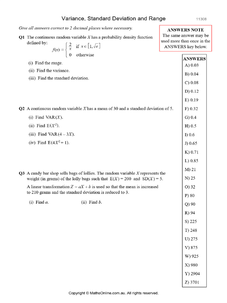 Variance, Standard Deviation and Range | PDF