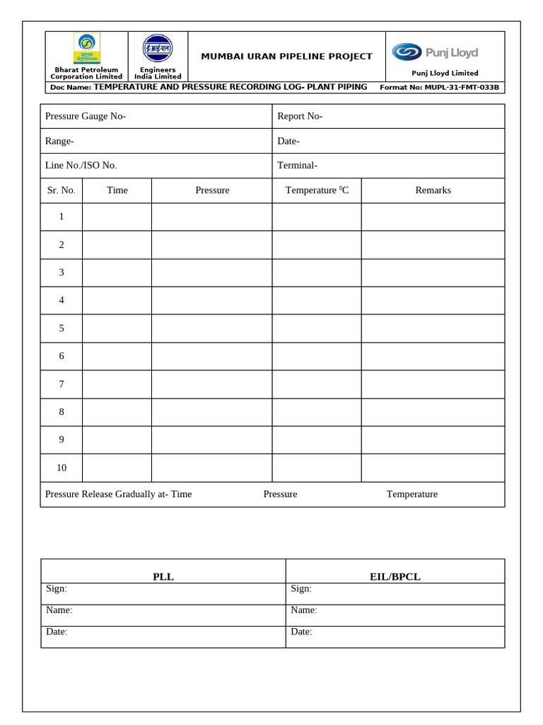 Hydrotest Recorder Log for Mumbai Pipeline | PDF