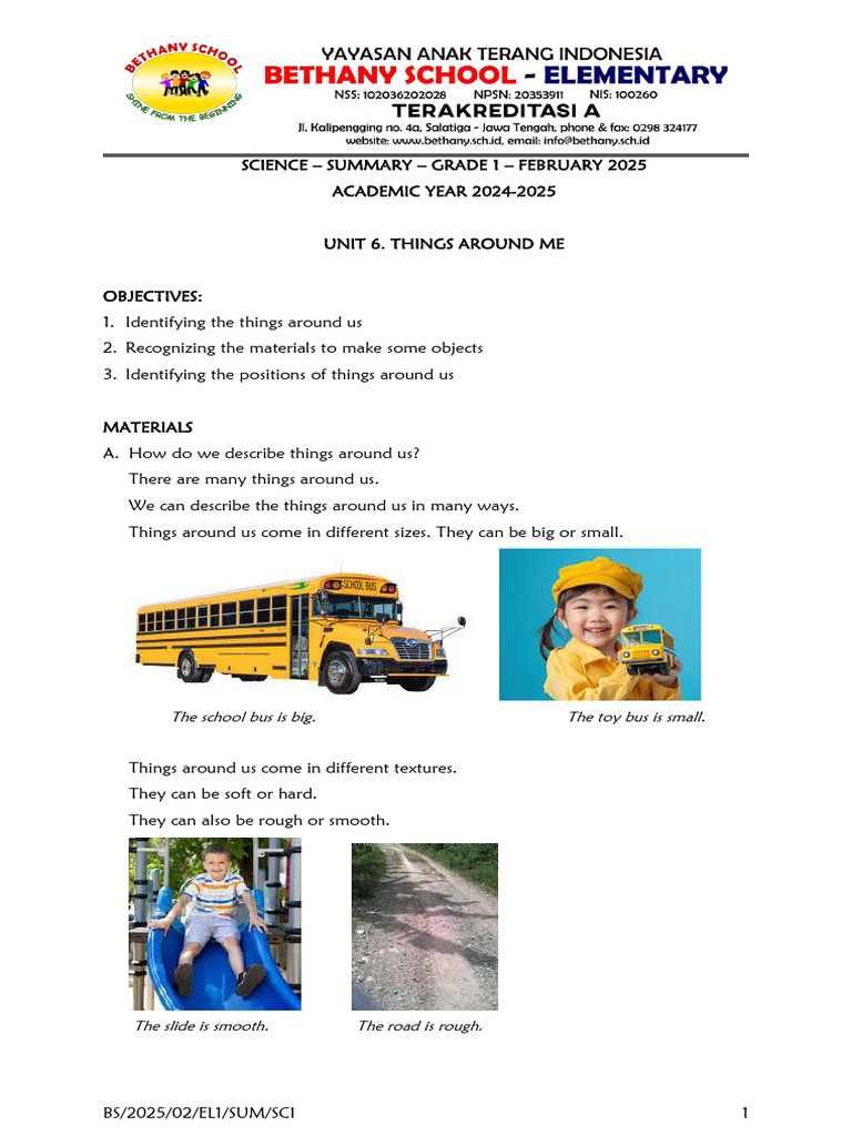 Grade 1 Science Summary: Unit 6 | PDF | Materials